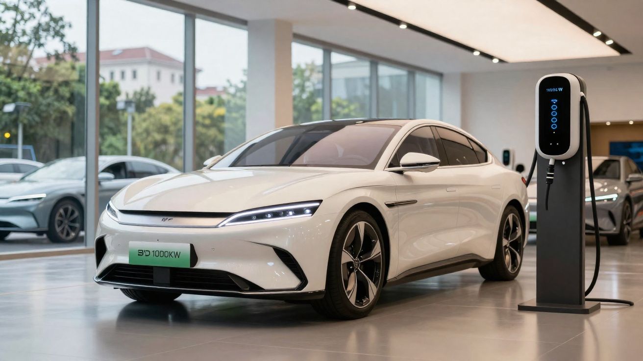 Carro elétrico branco estacionado numa sala de exposição, junto a uma estação de carregamento.