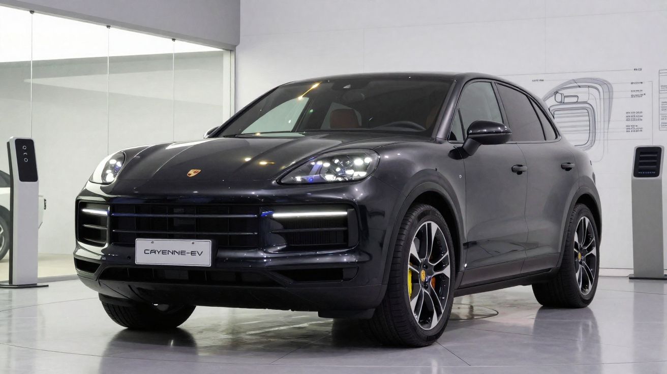 Porsche Cayenne EV preto em exposição num showroom moderno com chão cinza e paredes brancas.