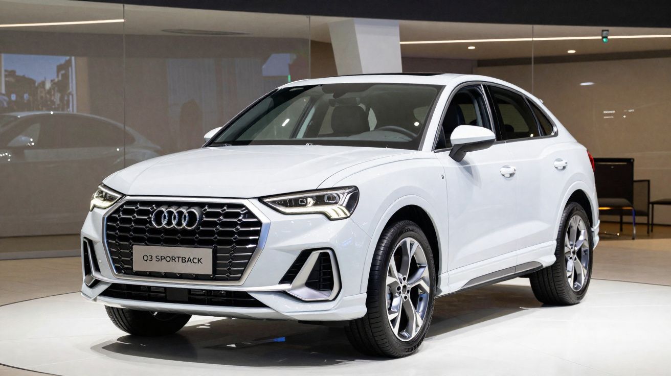 Audi Q3 Sportback branco exposto em showroom com piso claro e fundo espelhado.