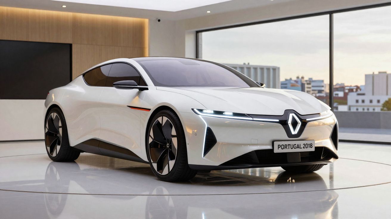 Carro elétrico desportivo branco Renault exposto numa sala moderna com grandes janelas e vista urbana.