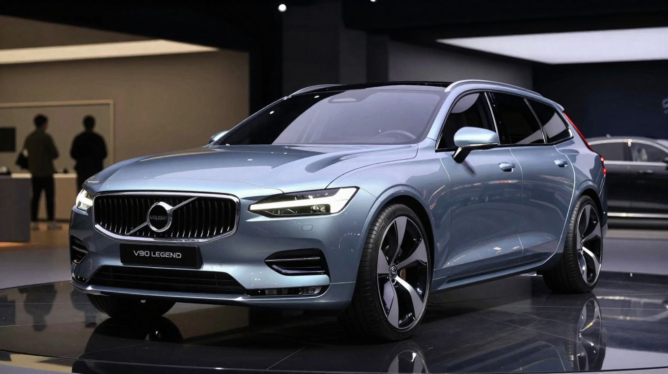 Carro Volvo V90 Legend azul metálico em exposição, vista dianteira lateral esquerda, rodas desportivas.