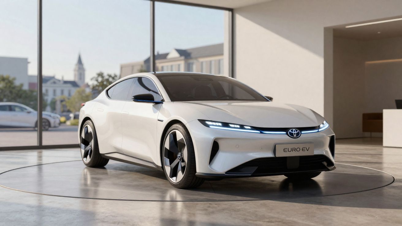 Automóvel elétrico branco Toyota Euro EV estacionado num espaço moderno com grandes janelas de vidro.
