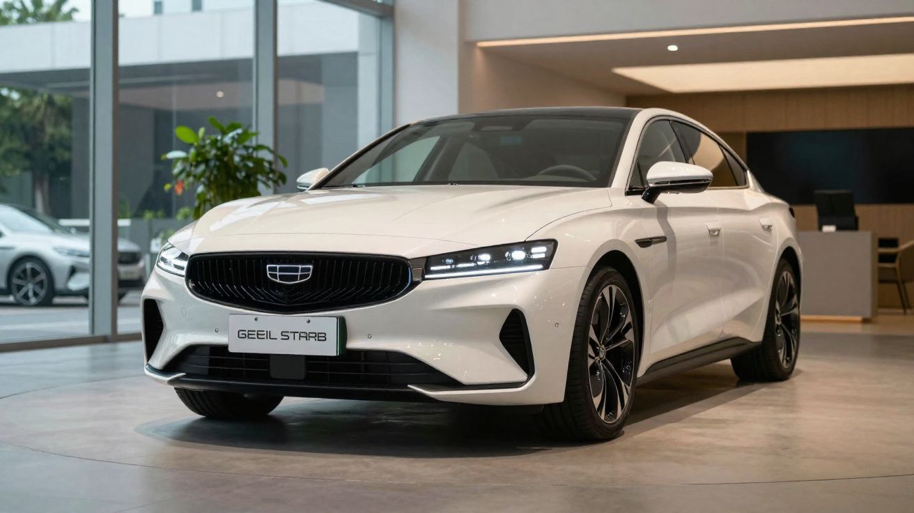 Carro branco moderno estacionado num showroom com janelas amplas e luz natural.
