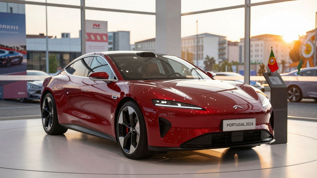 Carro elétrico desportivo vermelho em exposição numa sala moderna com detalhes da bandeira de Portugal.
