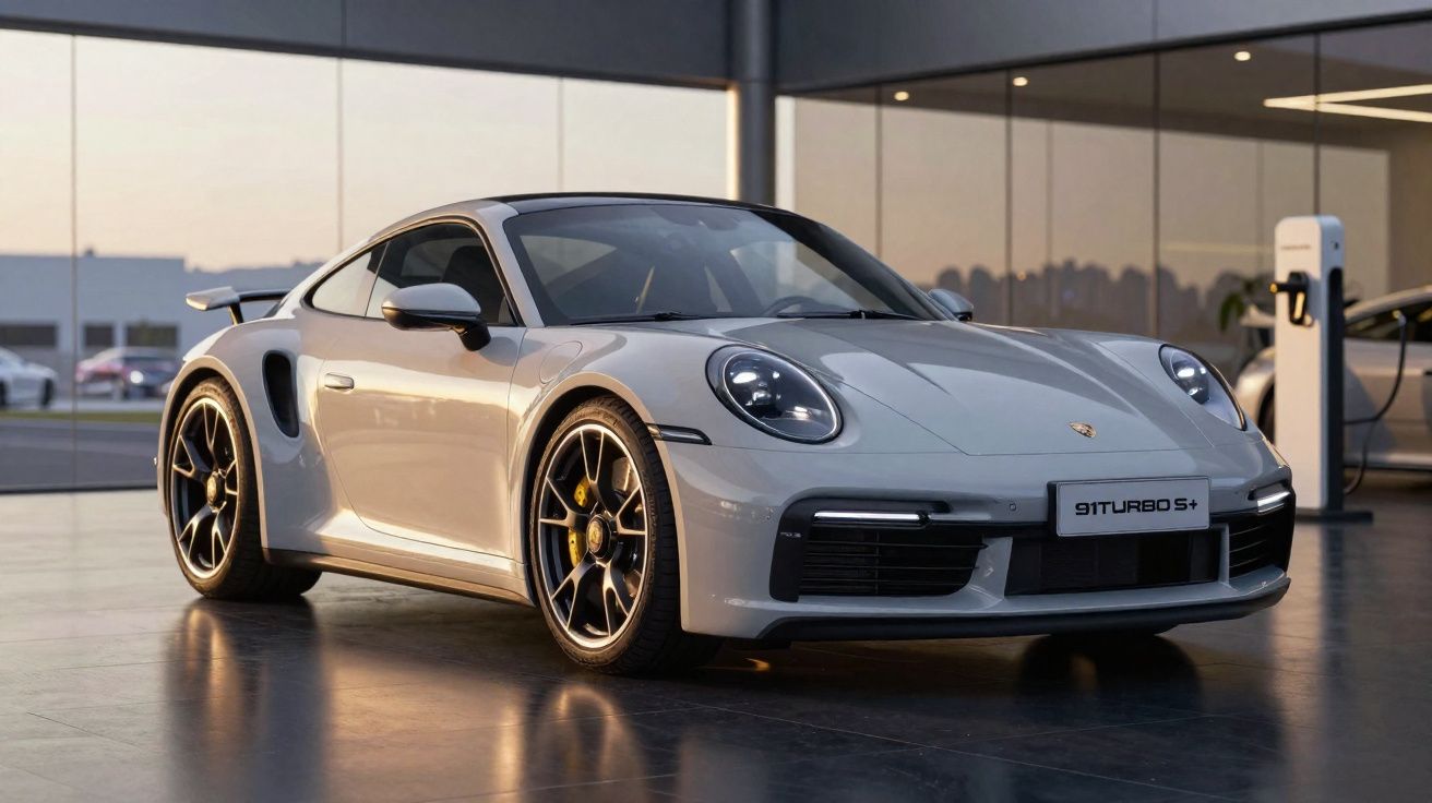 Carro desportivo Porsche 911 Turbo S branco estacionado em showroom moderno com piso refletor.