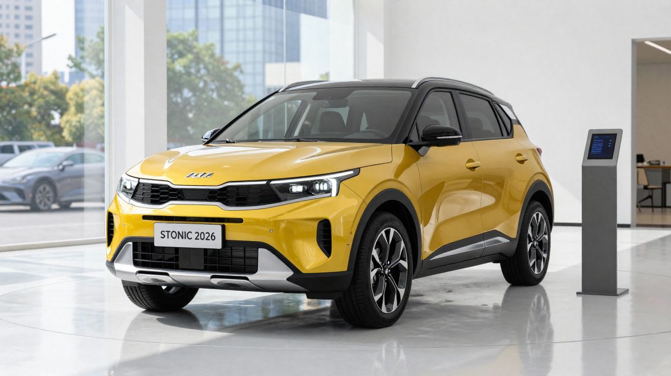 Automóvel Kia Stonic 2026 amarelo exposto em showroom moderno com chão brilhante.