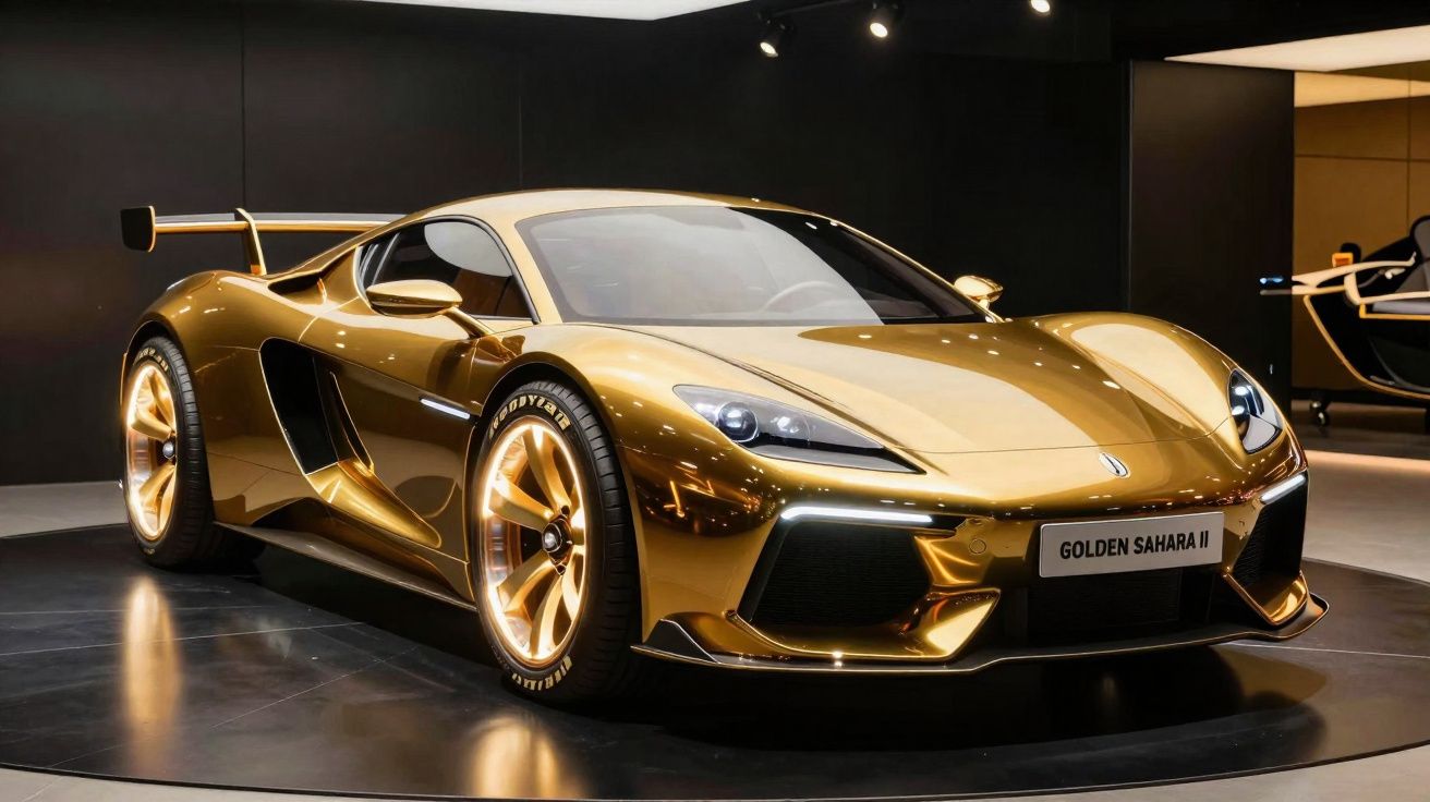 Carro desportivo dourado com design aerodinâmico e asa traseira exposto em stand elegante.