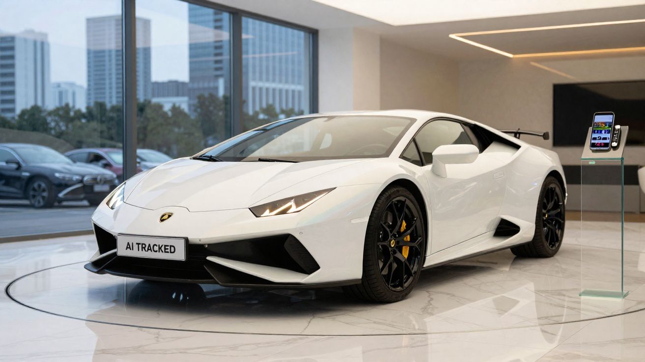 Carro desportivo branco Lamborghini estacionado em interior moderno com vidros amplos e chão de mármore.