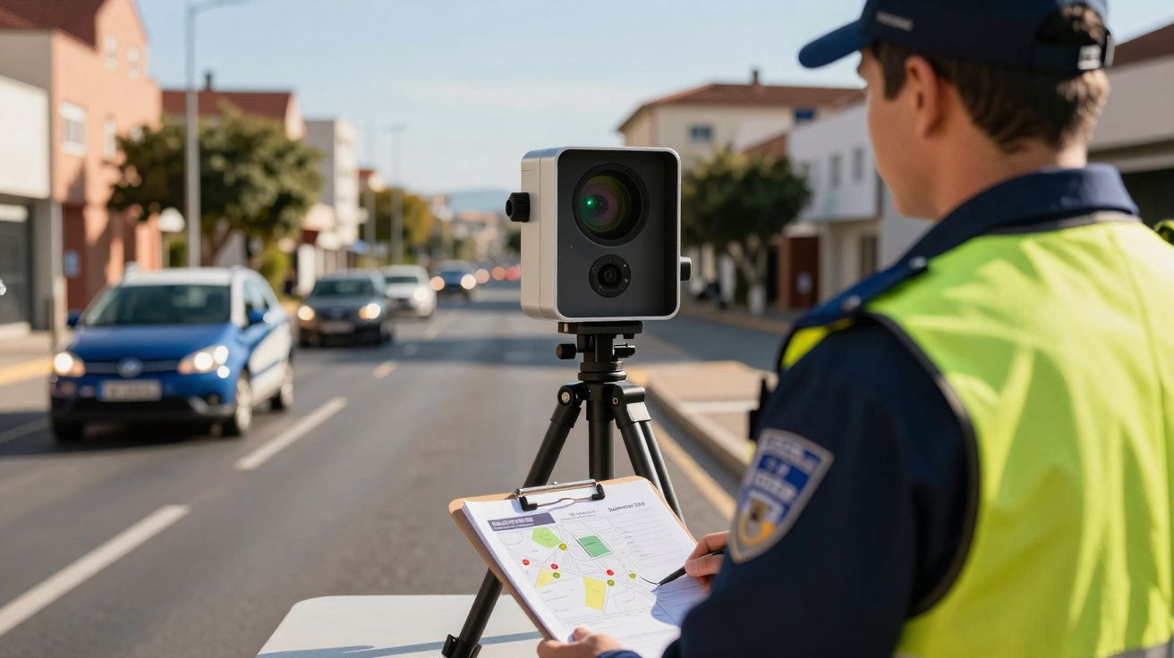 Polícia municipal a registar velocidade de trânsito com radar numa rua urbana movimentada.