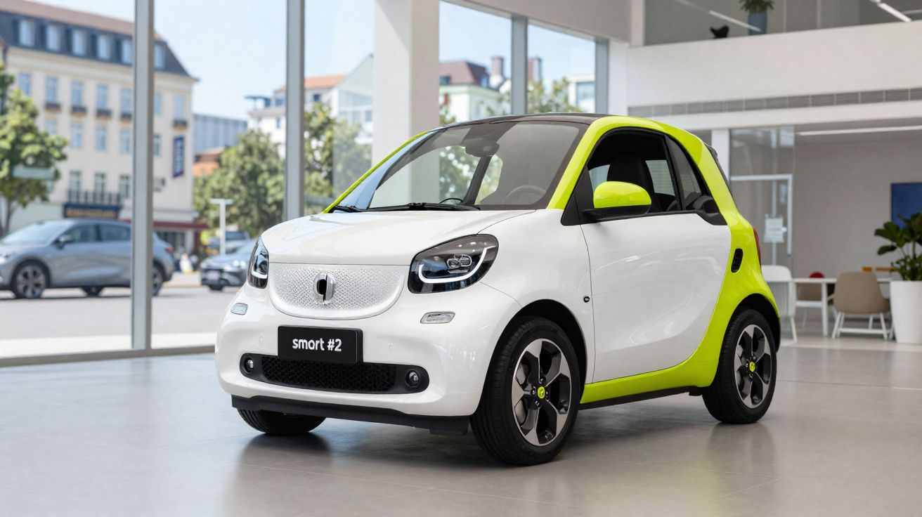 Carro elétrico Smart #2 branco com detalhes em verde, estacionado em showroom moderno com janelas amplas.