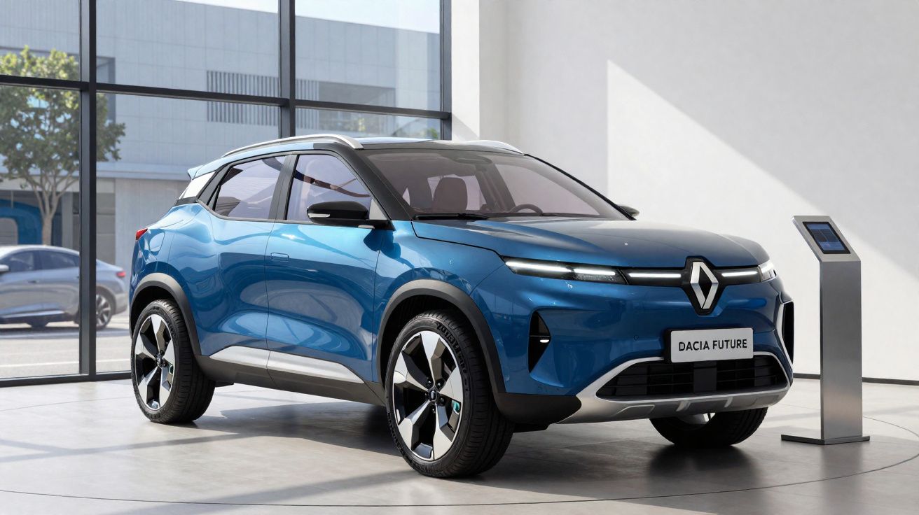 Carro elétrico SUV azul Dacia Future em exposição numa sala com paredes brancas e janelas amplas.