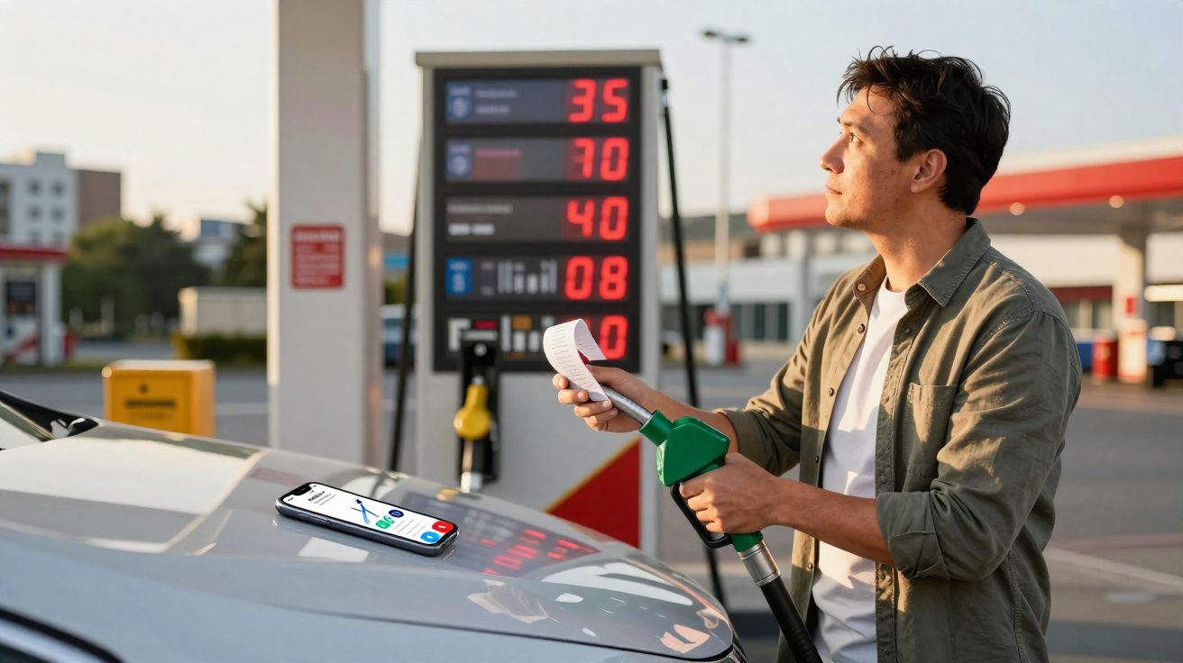 Homem com manga arregaçada segura pistola de combustíveis e recibo numa bomba de gasolina.