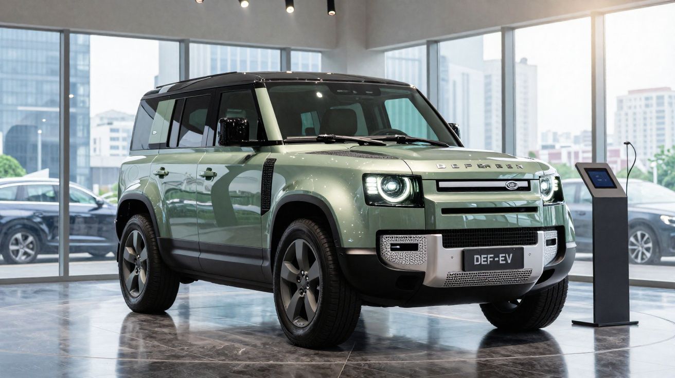 Veículo elétrico Land Rover Defender verde em exposição numa sala com janelas amplas e chão de mármore.