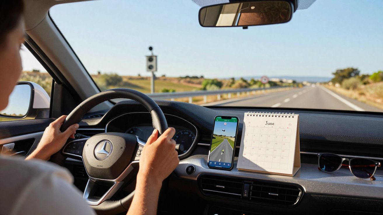Pessoa a conduzir carro Mercedes com calendário de Junho e telemóvel no painel, estrada direita à frente.