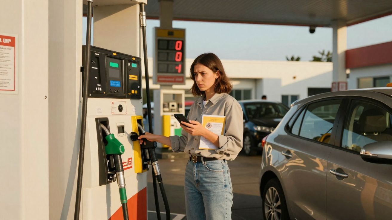 Mulher com camisa cinzenta e jeans a encher o carro numa bomba de combustível, segurando telemóvel e caderno.