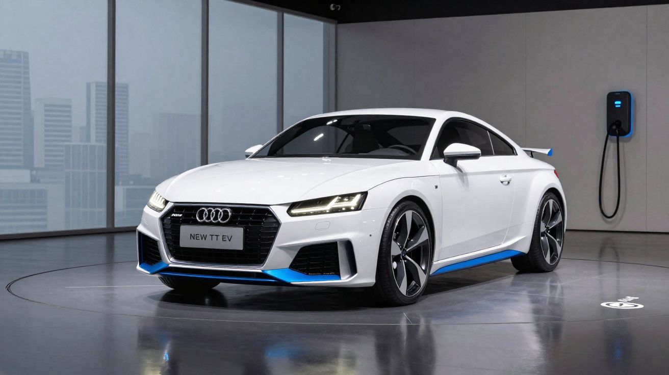 Carro elétrico Audi New TT EV branco estacionado em exposição com carregador na parede ao fundo.
