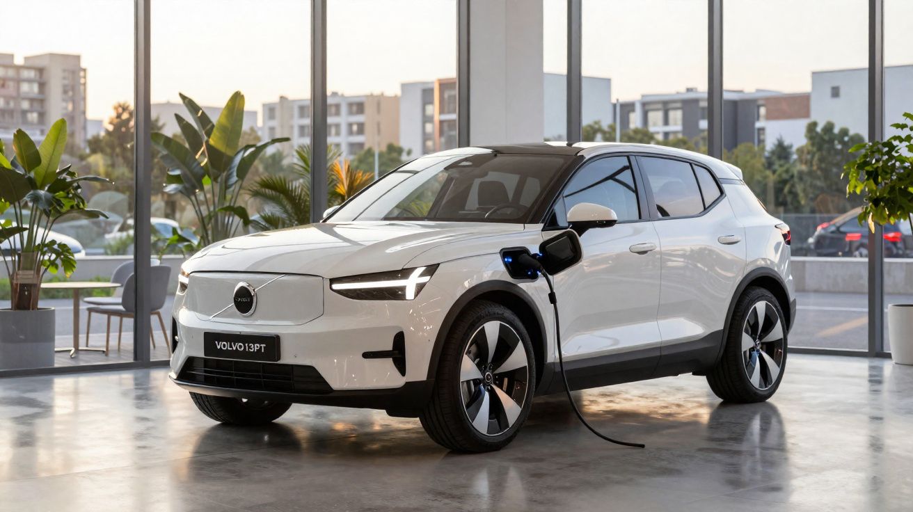 Carro elétrico Volvo branco a carregar numa tomada num espaço fechado com janelas panorâmicas e plantas.