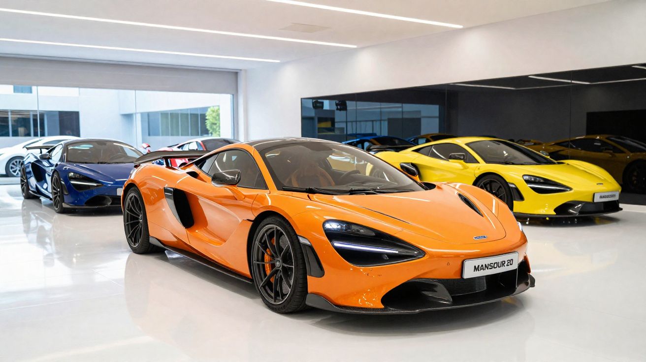 Três carros desportivos McLaren, laranja, amarelo e azul, num showroom moderno com chão branco.