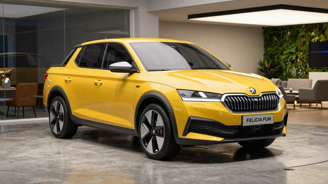 Carro SUV amarelo Škoda Felicia Fun estacionado num espaço fechado e moderno.