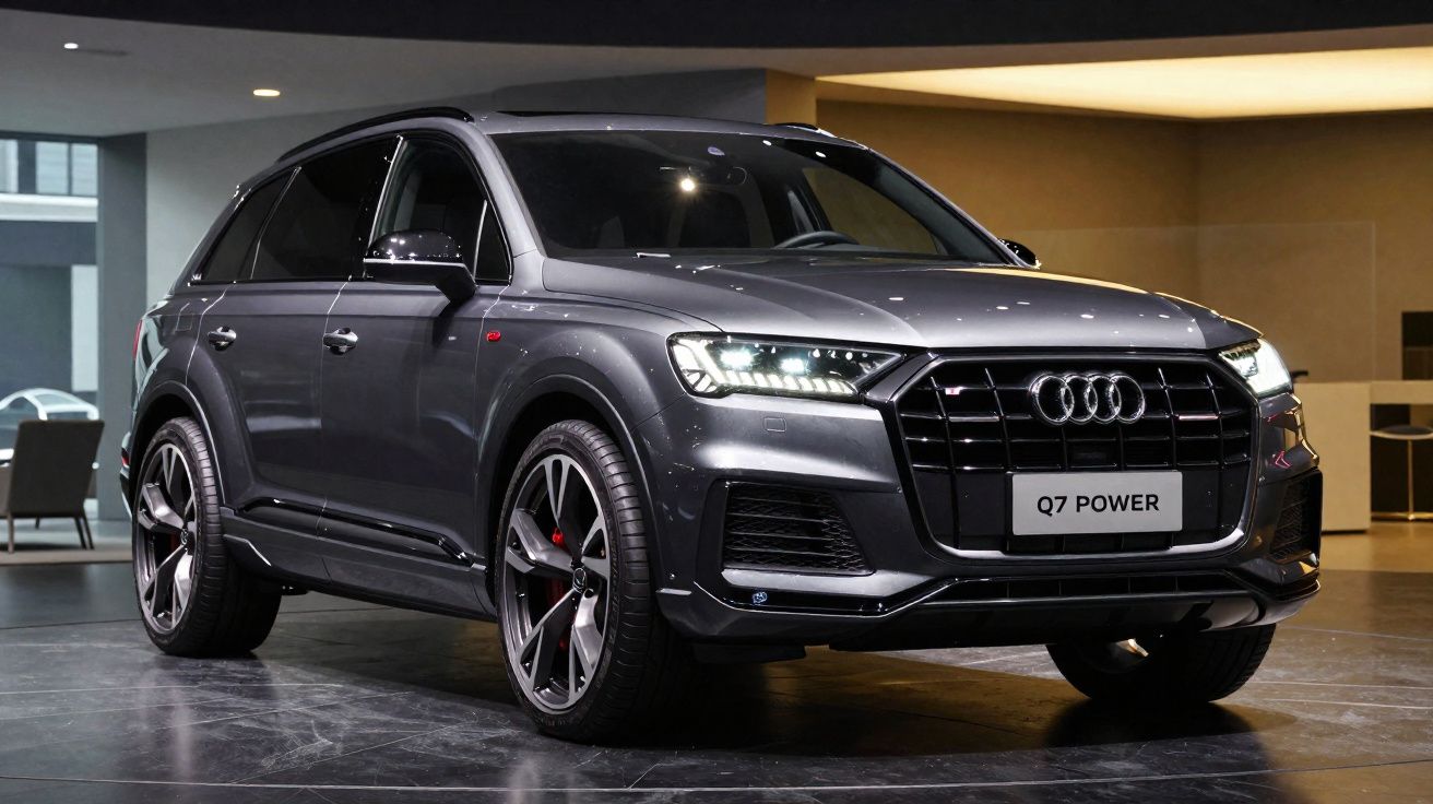 Audi Q7 Power cinzento estacionado em interior moderno com luzes ligadas.