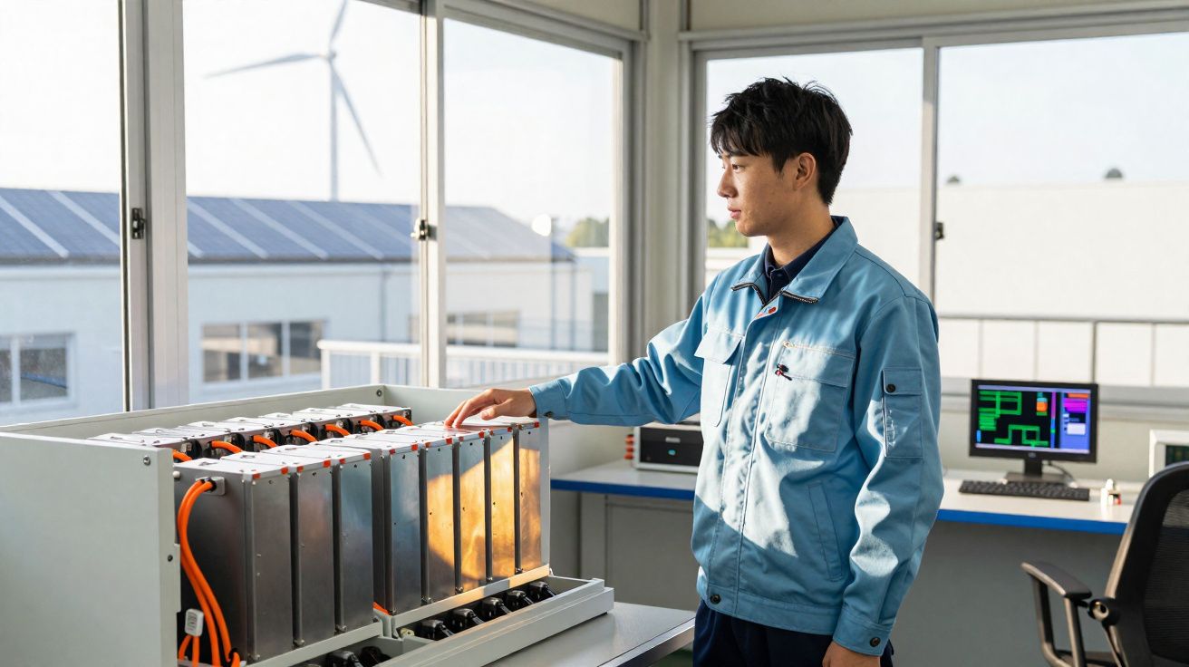 Técnico a inspecionar sistema de baterias num laboratório moderno com janelas amplas e turbinas eólicas ao fundo.