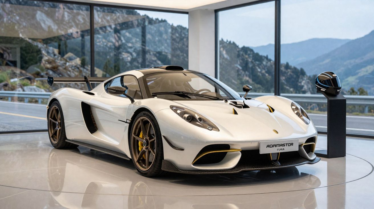 Carro desportivo branco exposto em sala moderna com grandes janelas e paisagem montanhosa ao fundo.