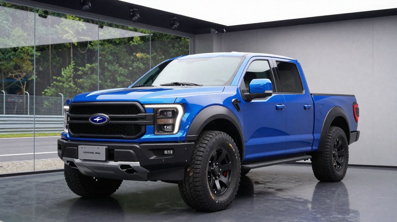 Pick-up azul elétrico com quatro portas exibida em showroom moderno, com vidro e paredes cinzentas.