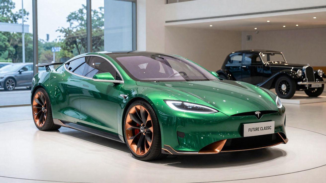 Carro desportivo elétrico verde Futuro Clássico exposto em sala de museu com carro clássico ao fundo.