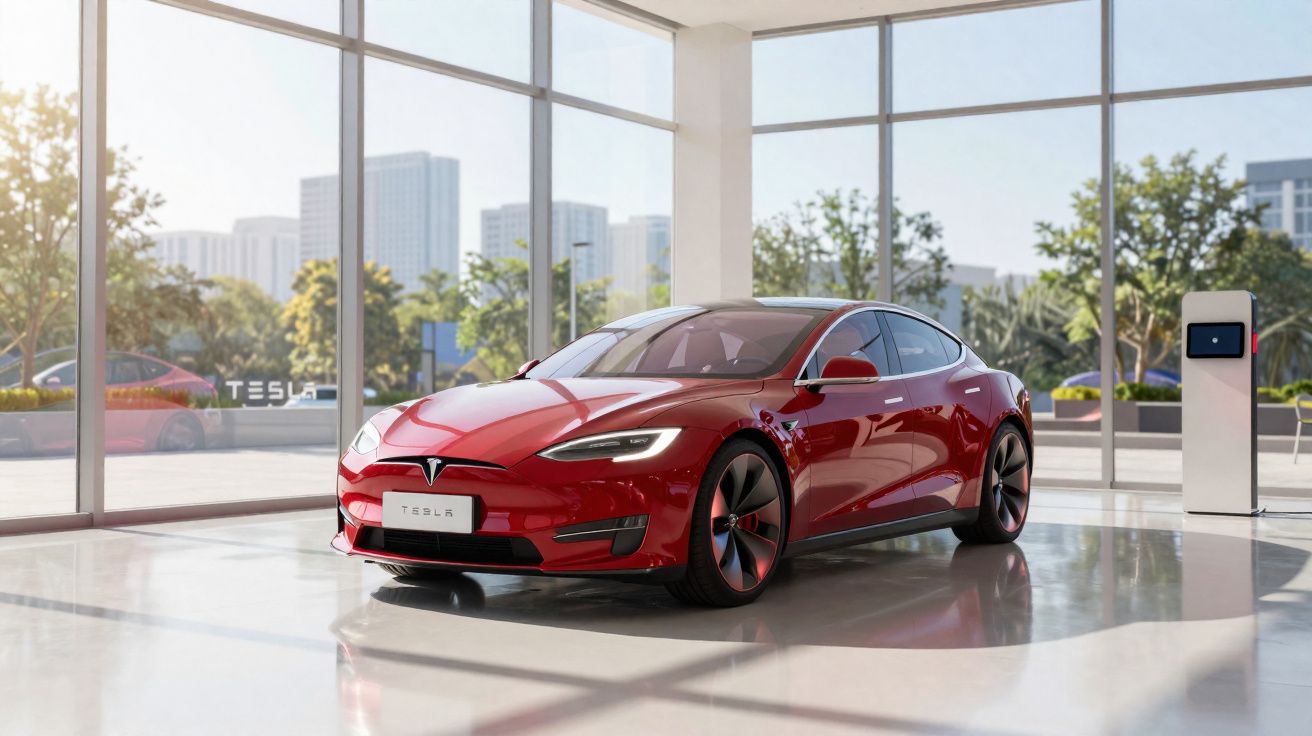 Carro elétrico vermelho Tesla Model S numa sala moderna com janelas amplas e carregador à direita.