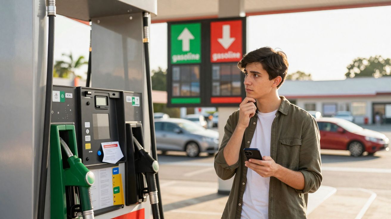Jovem em posto de combustível segurando telemóvel e pensando junto a bombas de gasolina.