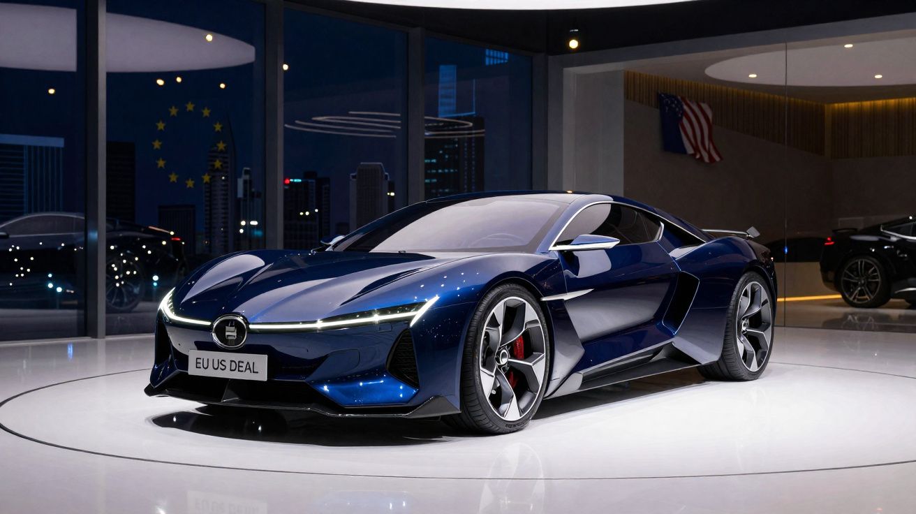 Carro desportivo azul escuro elétrico com luzes LED exposto em showroom moderno à noite.