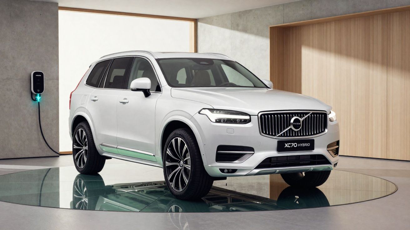 Carro SUV Volvo XC70 Híbrido branco estacionado em sala moderna, ligado a carregador elétrico mural.