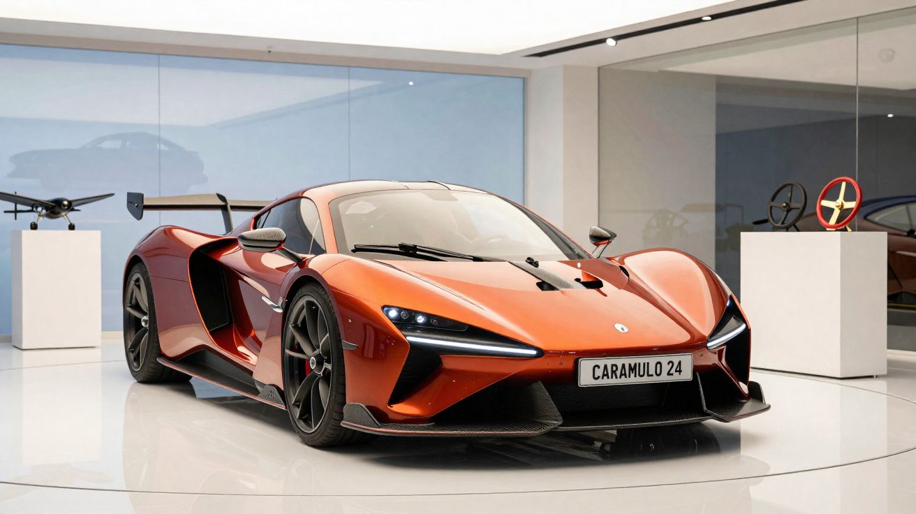 Carro desportivo laranja com design aerodinâmico exibido num espaço moderno e minimalista.