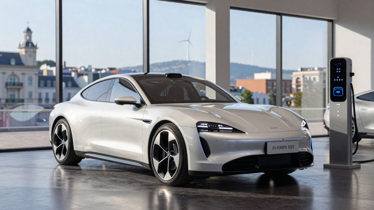 Carro eléctrico branco estacionado em interior moderno com carregador ao lado e paisagem urbana ao fundo.