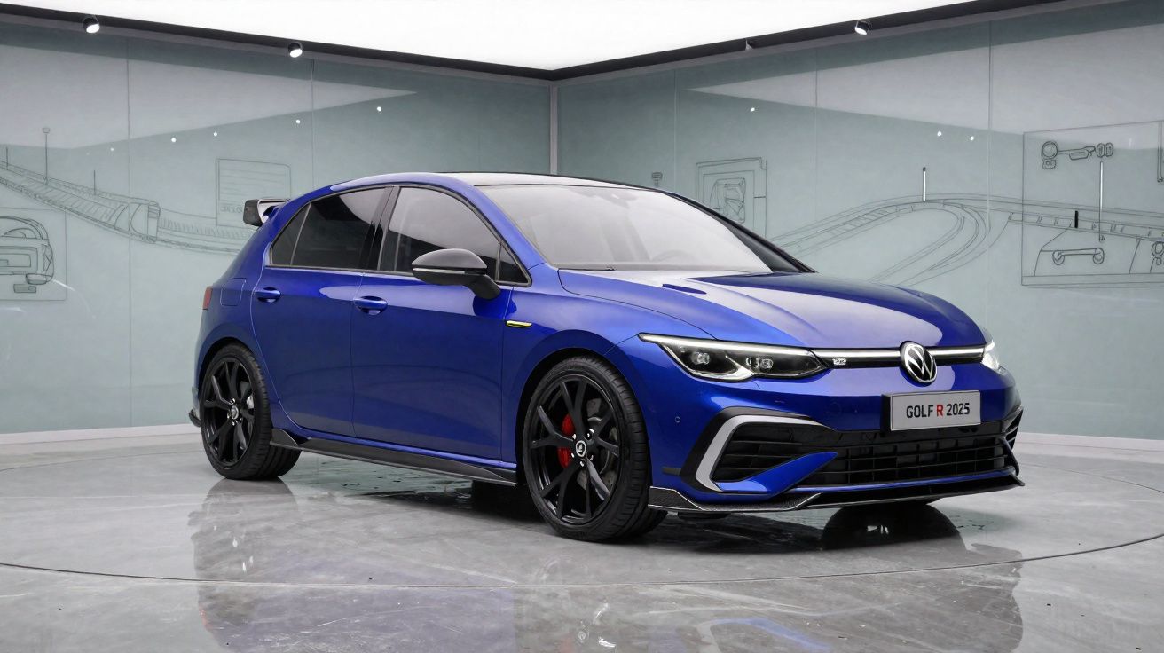 Automóvel Volkswagen Golf R 2025 azul elétrico com jantes pretas em exposição interior.