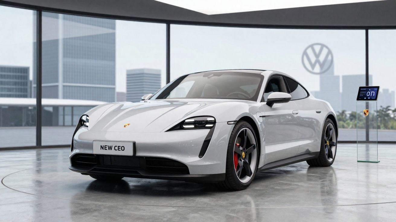 Carro eléctrico Porsche Taycan branco exposto em showroom moderno com vista urbana e logotipo Volkswagen ao fundo.