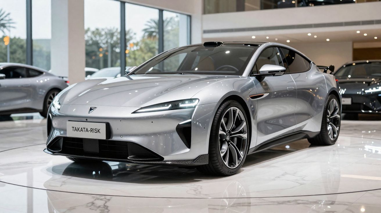 Carro desportivo cinzento metálico em exposição num salão brilhante com piso de mármore.