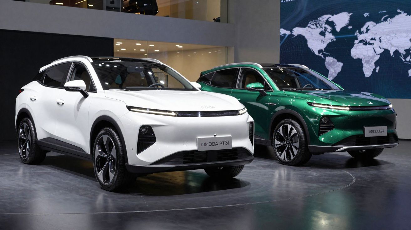Dois SUV elétricos modernos, um branco e outro verde, exibidos numa feira automóvel com fundo escuro e mapa mundial.