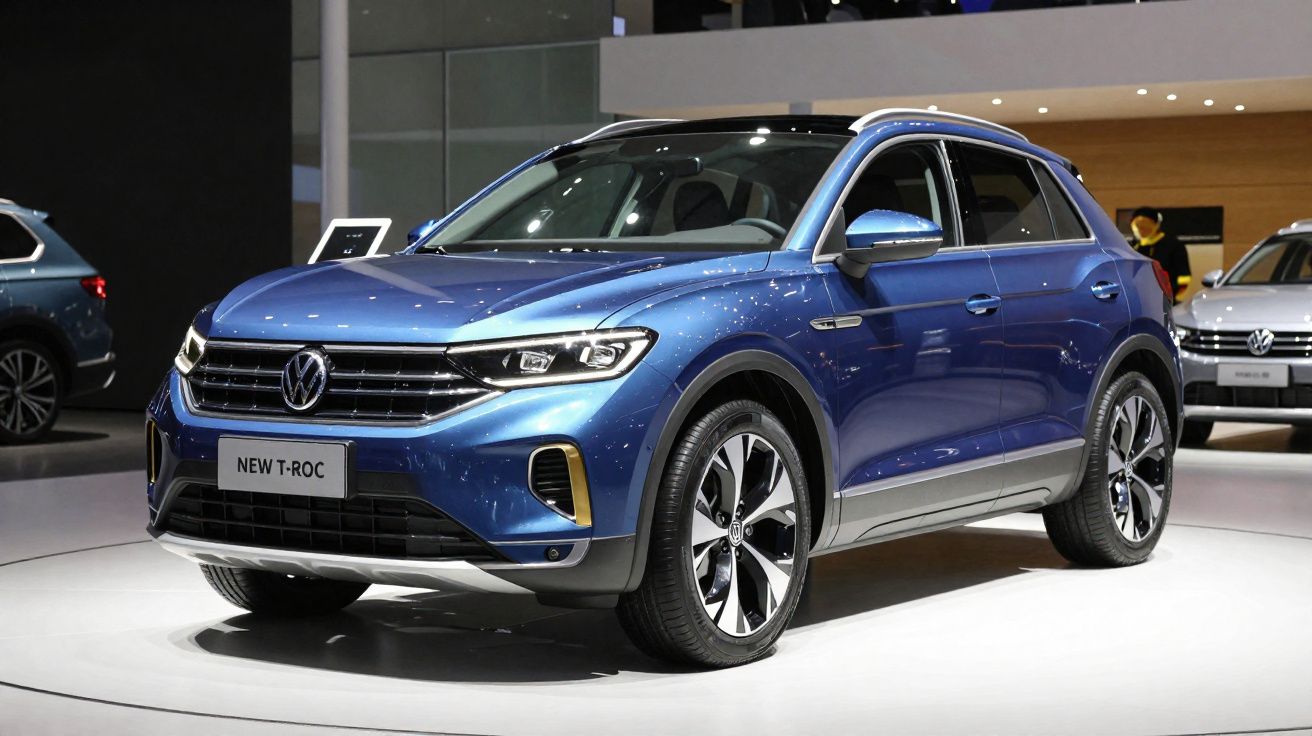 Automóvel Volkswagen SUV azul New T-Roc exposto em salão automóvel com iluminação destacada.