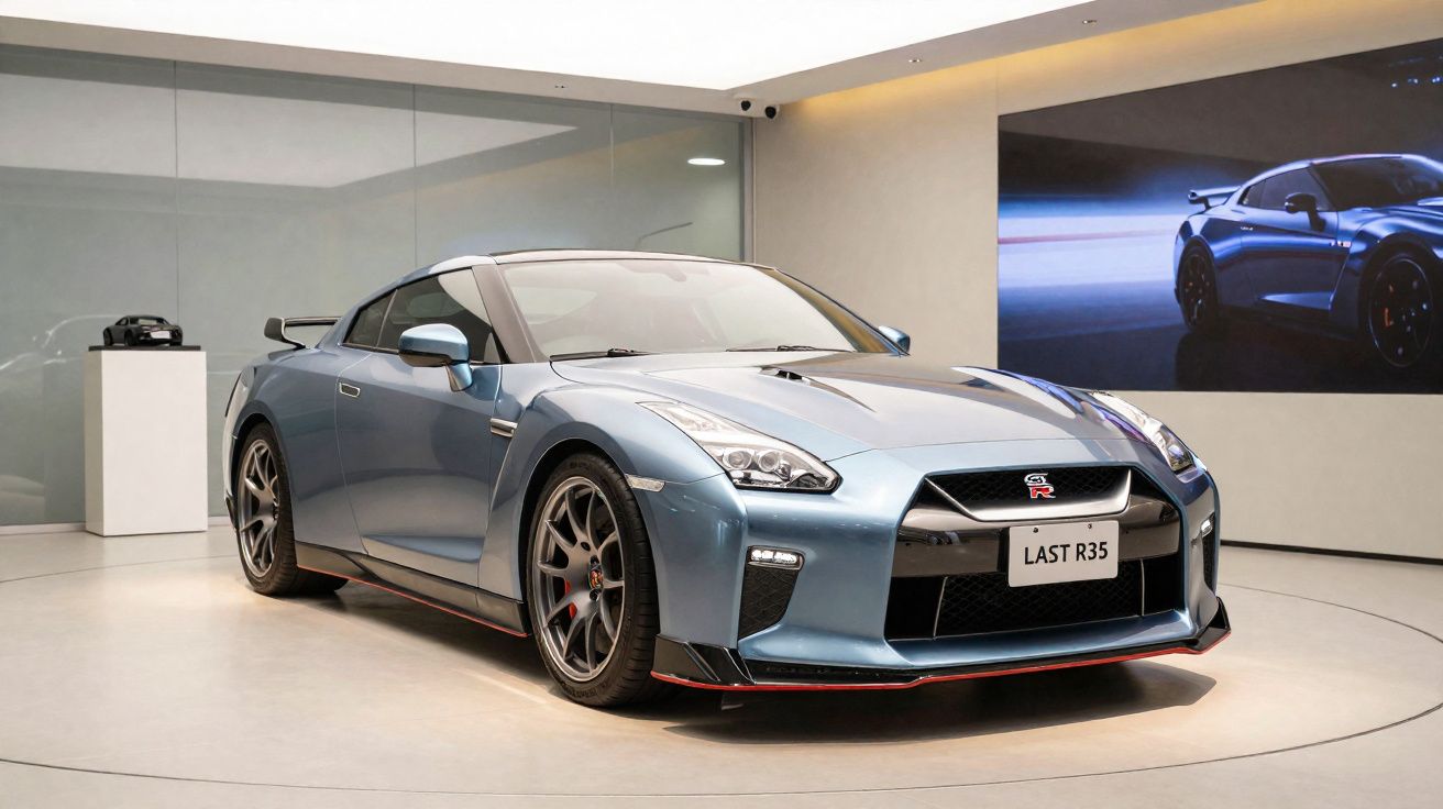 Carro desportivo Nissan GT-R Last R35 azul exibido numa sala de exposições moderna e iluminada.