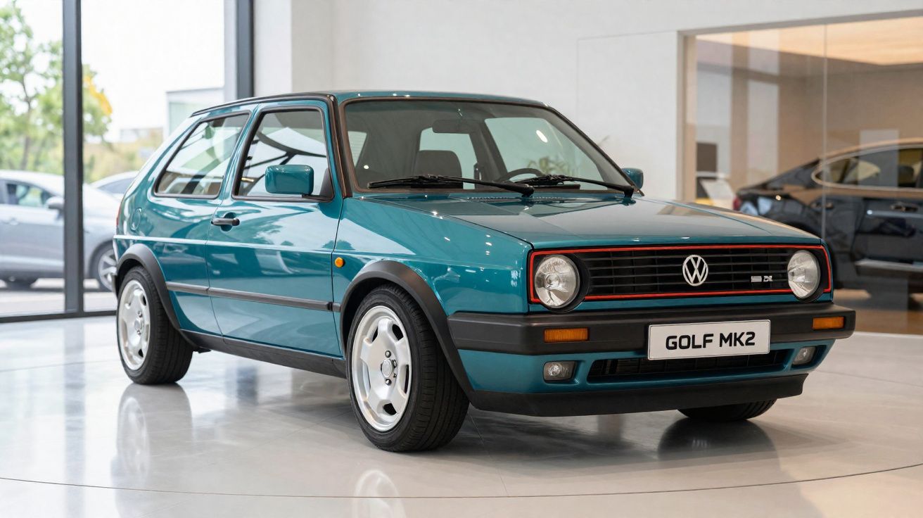 Volkswagen Golf MK2 azul estacionado em showroom com janelas grandes ao fundo.