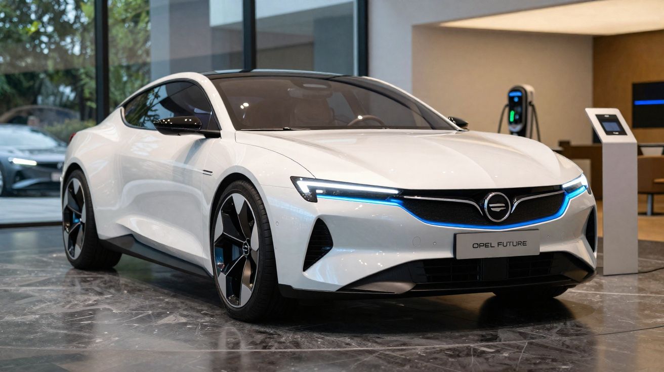 Carro eléctrico branco Opel Future estacionado em ambiente moderno com carregador ao fundo.