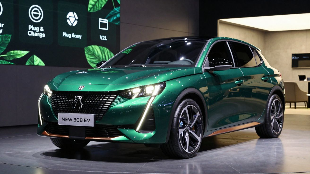 Carro elétrico Peugeot 308 EV verde exposto num salão contemporâneo com luzes acesas.