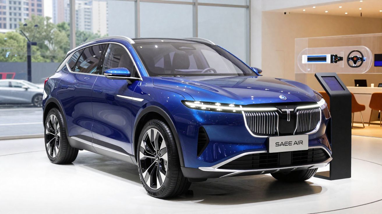 SUV elétrico azul em exposição num salão automóvel moderno e iluminado.