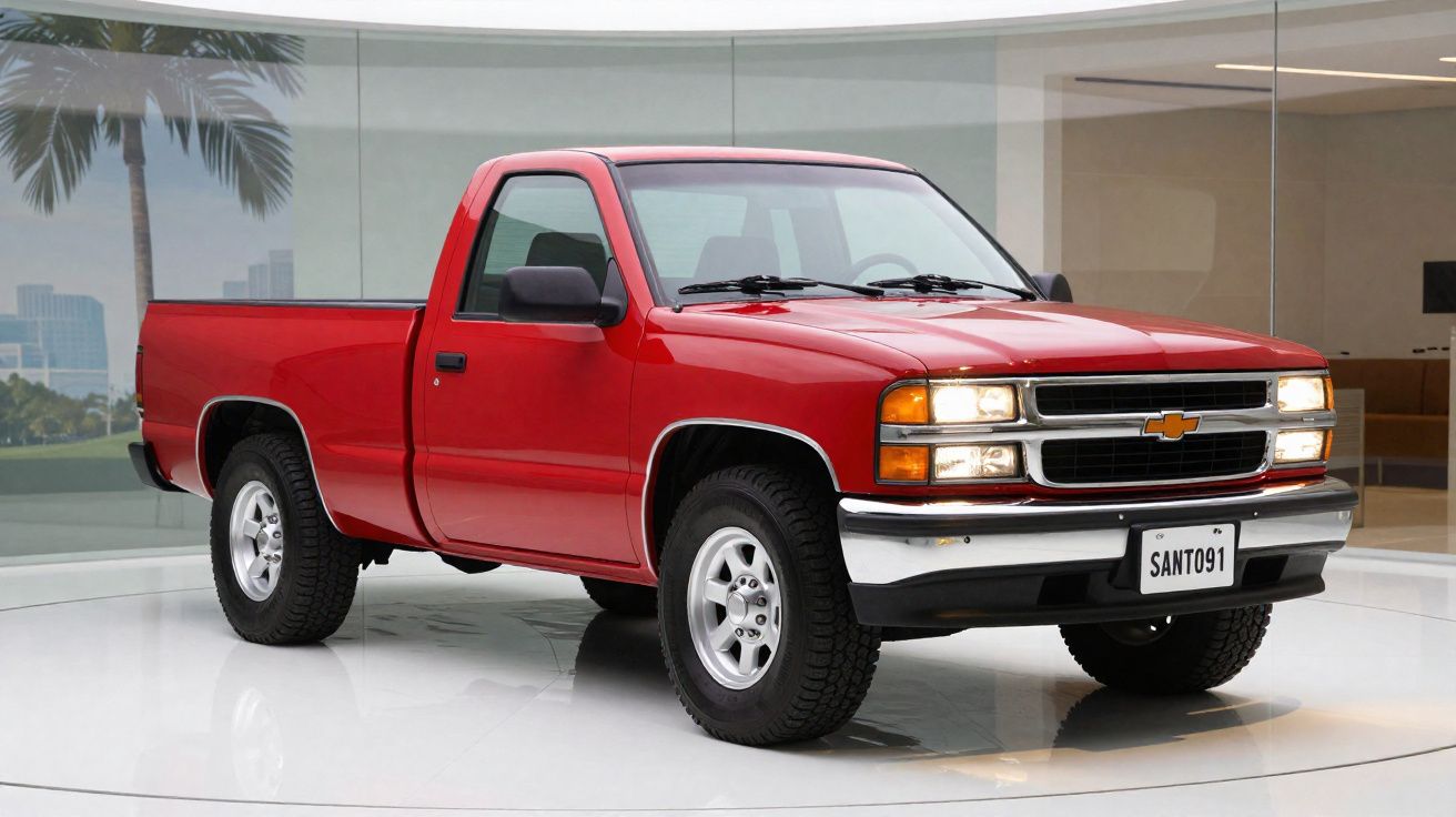 Picape vermelha Chevrolet estacionada em ambiente interior com faróis ligados.