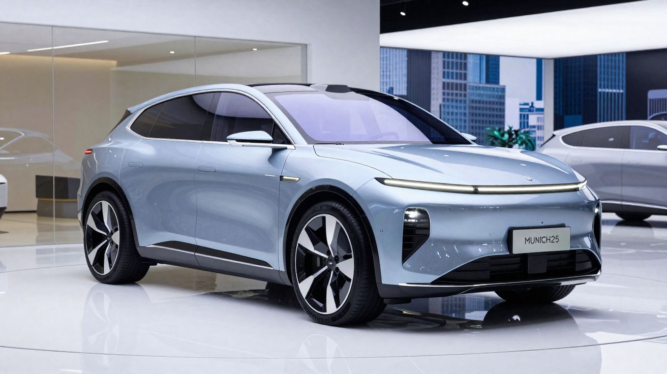 Carro elétrico cinzento claro moderno em exposição num salão automóvel com fundo urbano.