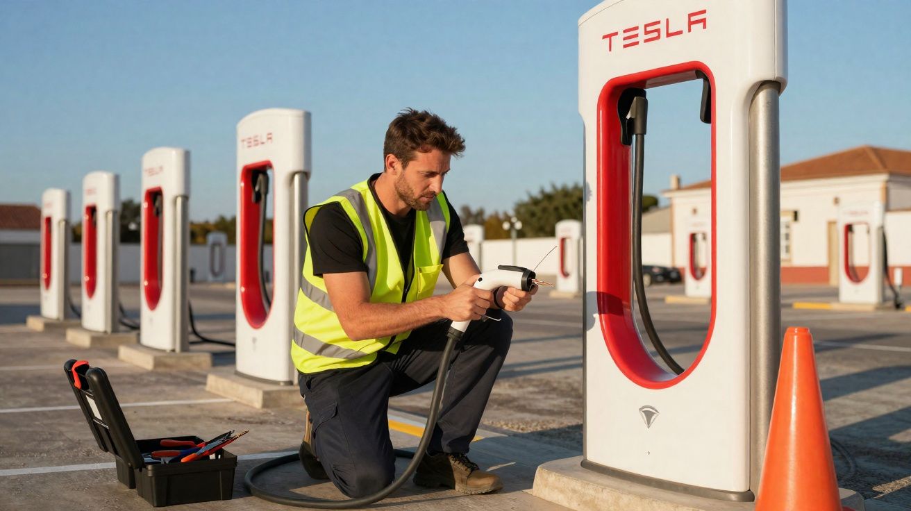 Homem com colete refletor a inspecionar carregador elétrico Tesla numa área de carregamento ao ar livre.