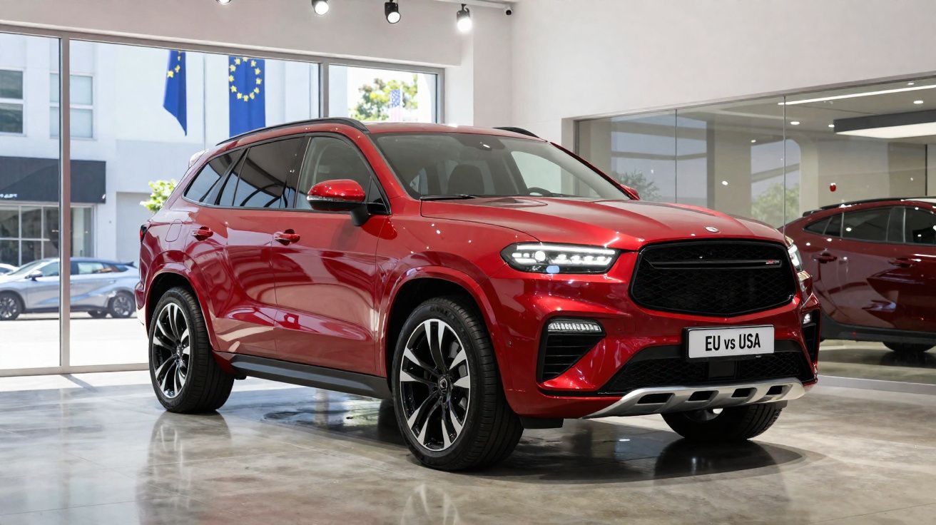 Carro SUV vermelho moderno estacionado em sala de exposição com janelas grandes e chão espelhado.