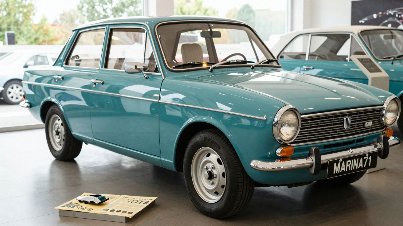Carro clássico azul-turquesa num salão, matrícula "MARINA71", estilo vintage anos 70.