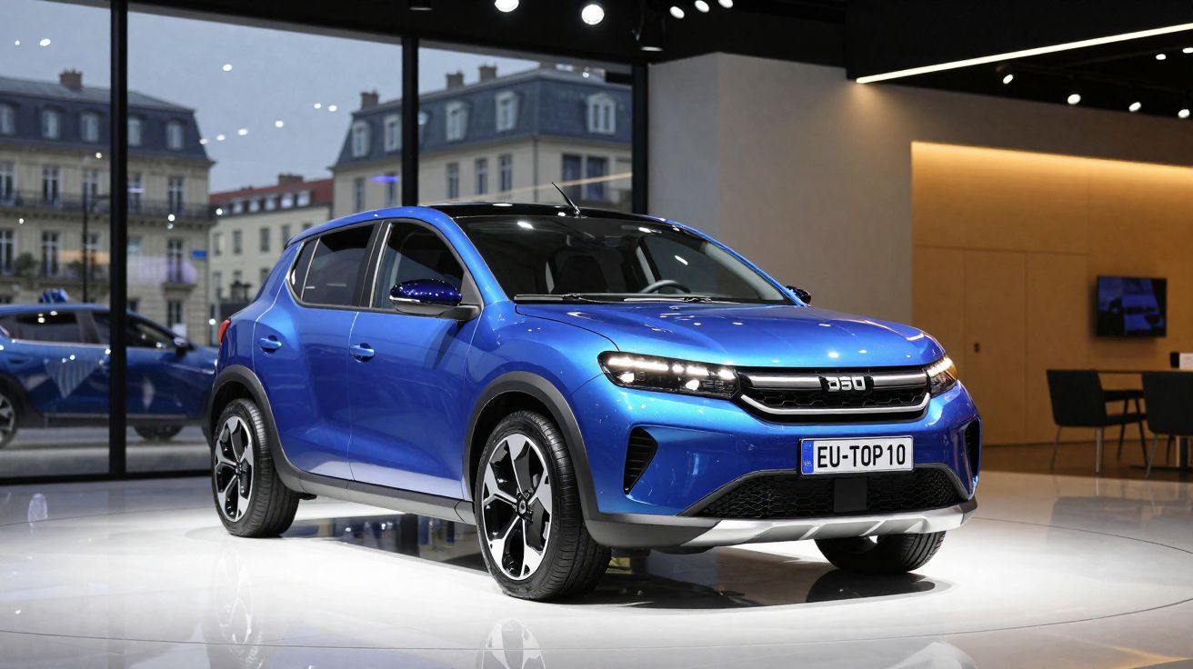 Carro compacto azul metalizado em exposição interior com janelas grandes e cidade ao fundo.